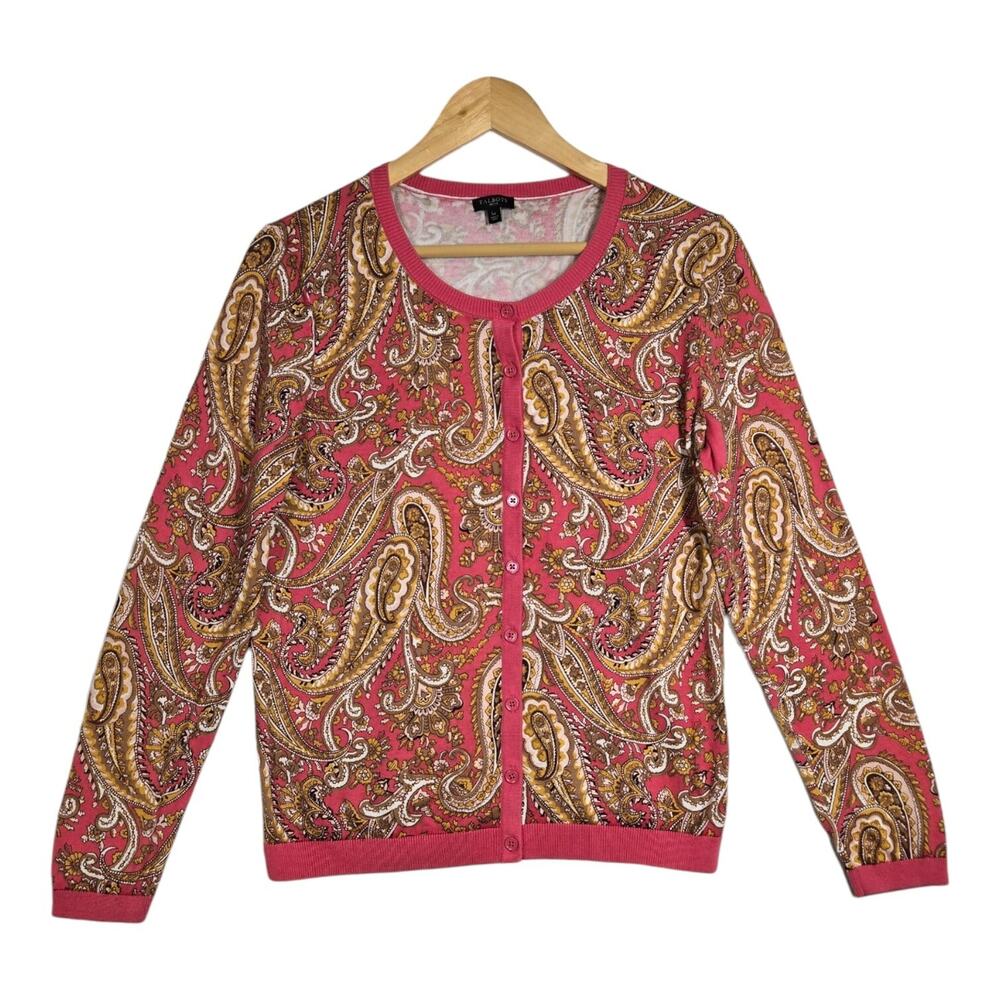 Talbots Charming Cardigan Sweater Engish Paisley Sz Petite L Pink Cotton Blend